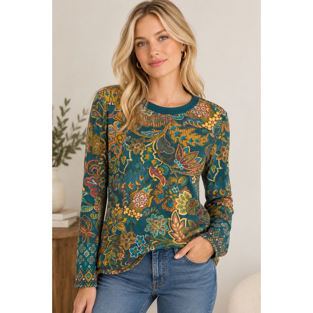 Sundance thermal printed long sleeve top Size L floral paisley yellow teal boho